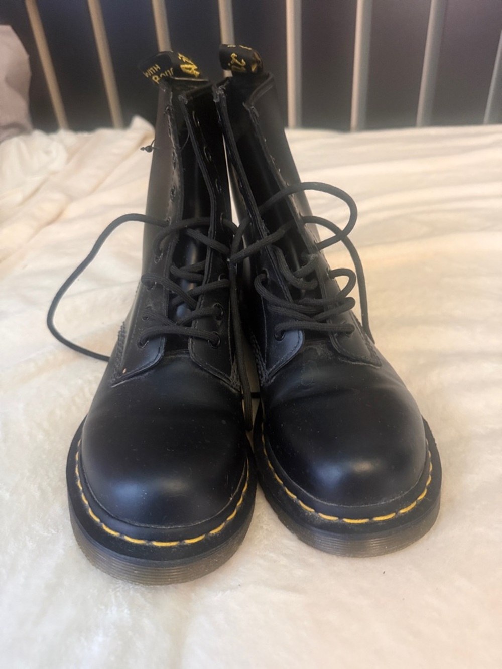Dr. Martens Black Leather Lace-Up Boots with Yellow Stitching